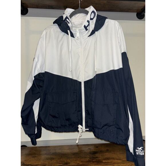 Hollister Jackets & Blazers - Hooded Windbreaker Crop Full Zip Jacket Sz XL Navy White Boat Coastal Granny